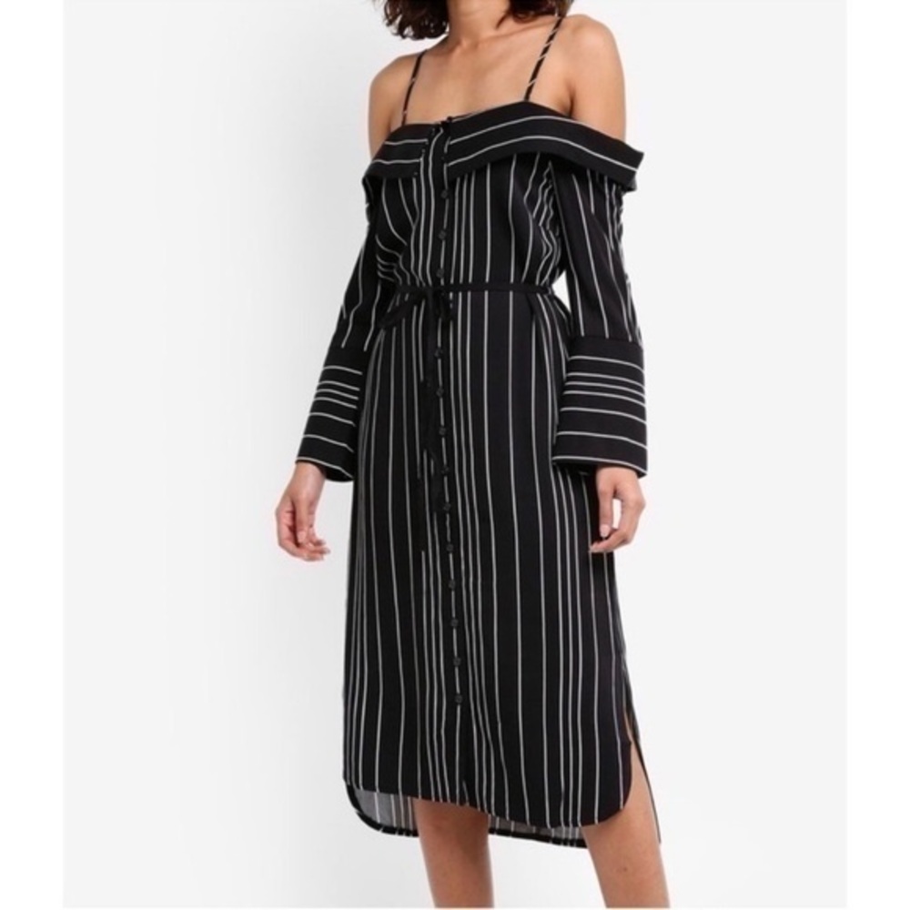 Bardot Effie Off Shoulder Pinstripe Button Front Shirt Dress Black White‎